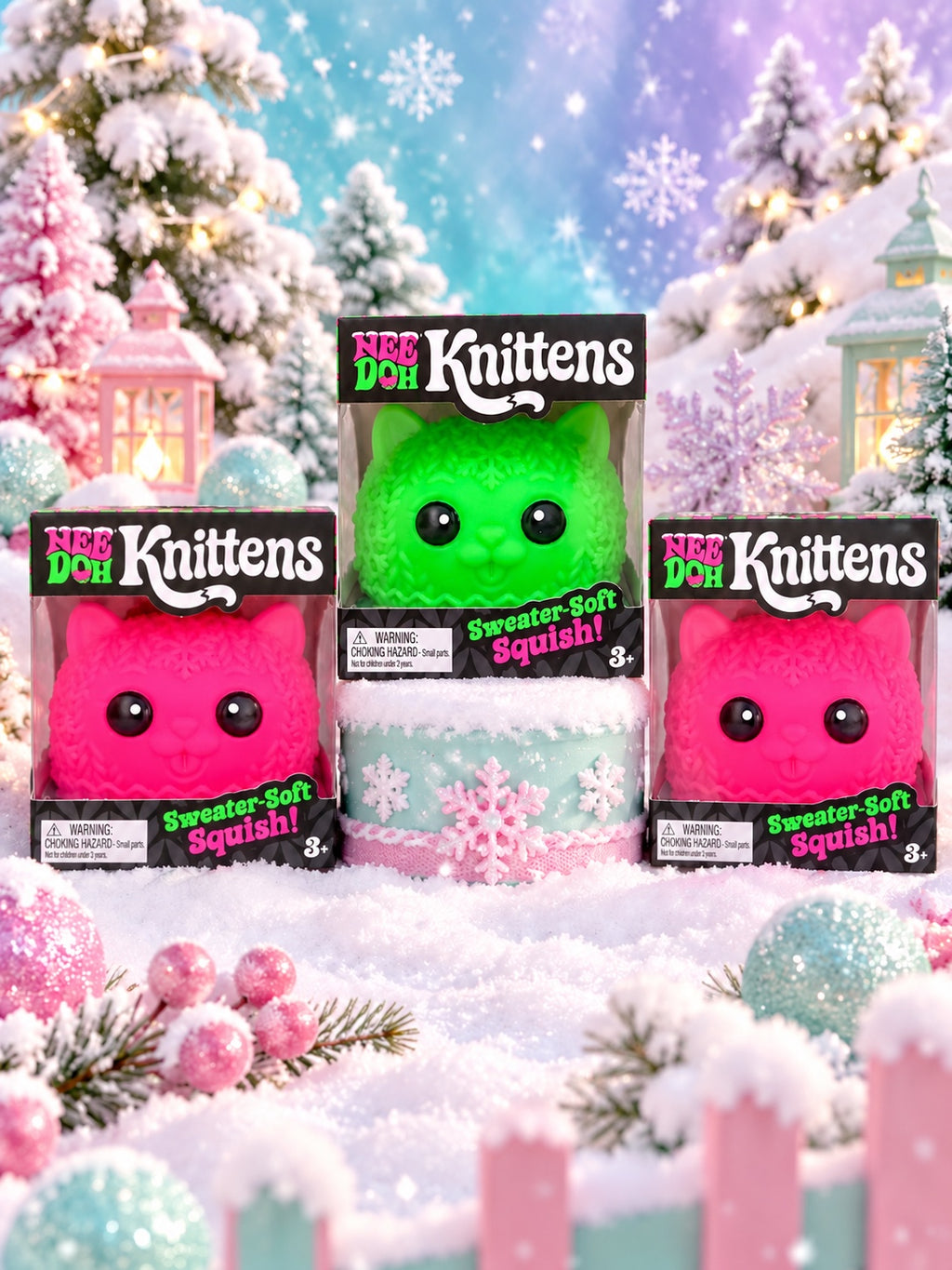 NeeDoh Knittens in pink and green with winter background